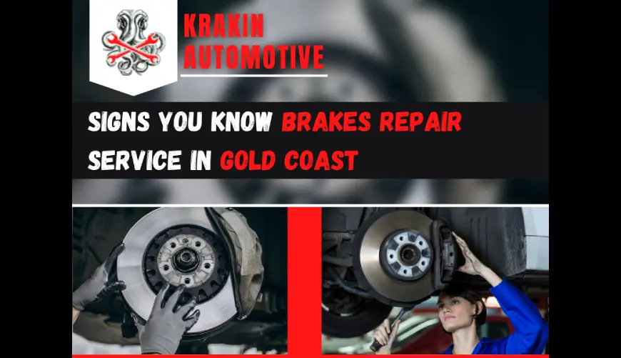 Inspecting car brakes during service at Krakin Automotive Gold Coast
