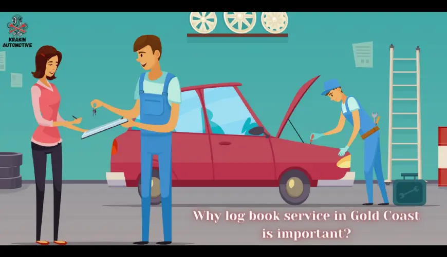Car technician performing log book service at Krakin Automotive Gold Coast